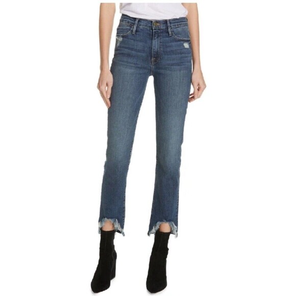 Frame Denim Jeans Le High Chewed Hem Ankle Straight Leg Dark Wash Rue Blue 29 - Picture 1 of 11